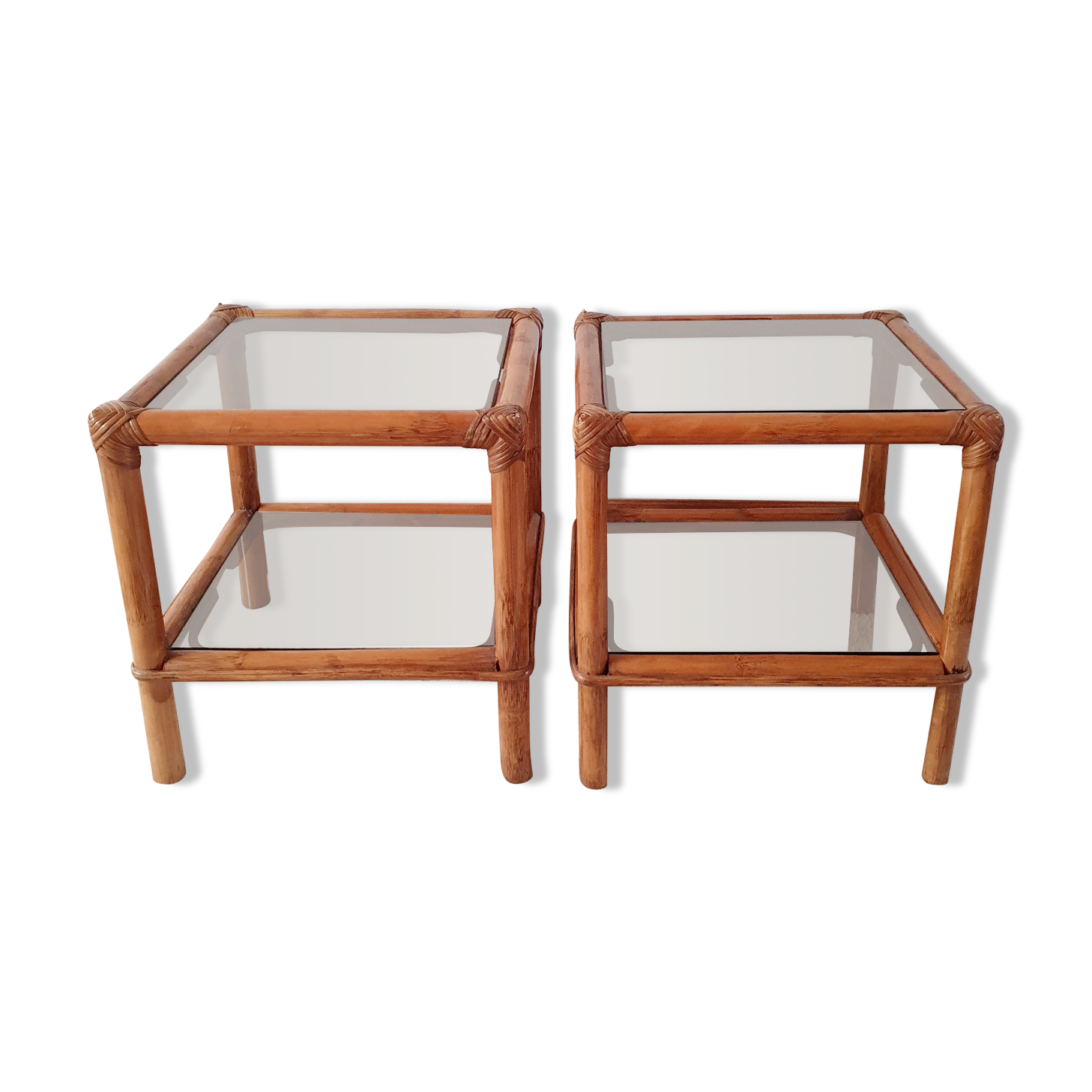 Pair of rattan bedside tables and smoked glass 1970