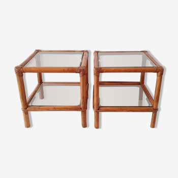 Pair of rattan bedside tables and smoked glass 1970
