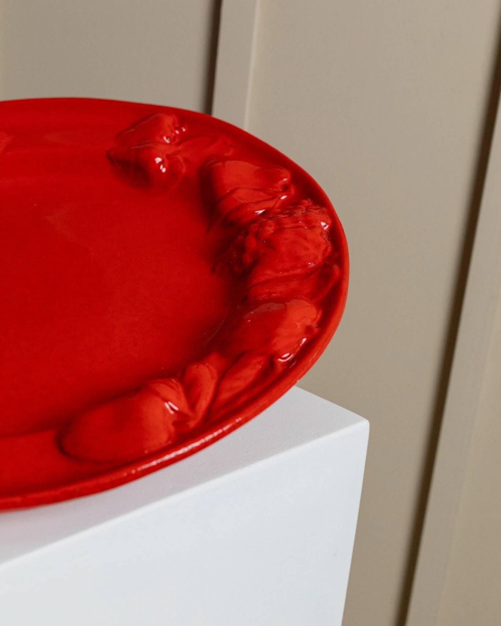 Red glazed ceramic fruit platter with three-dimensional fruit relief, vintage Italy 1980s, Mid-Century design