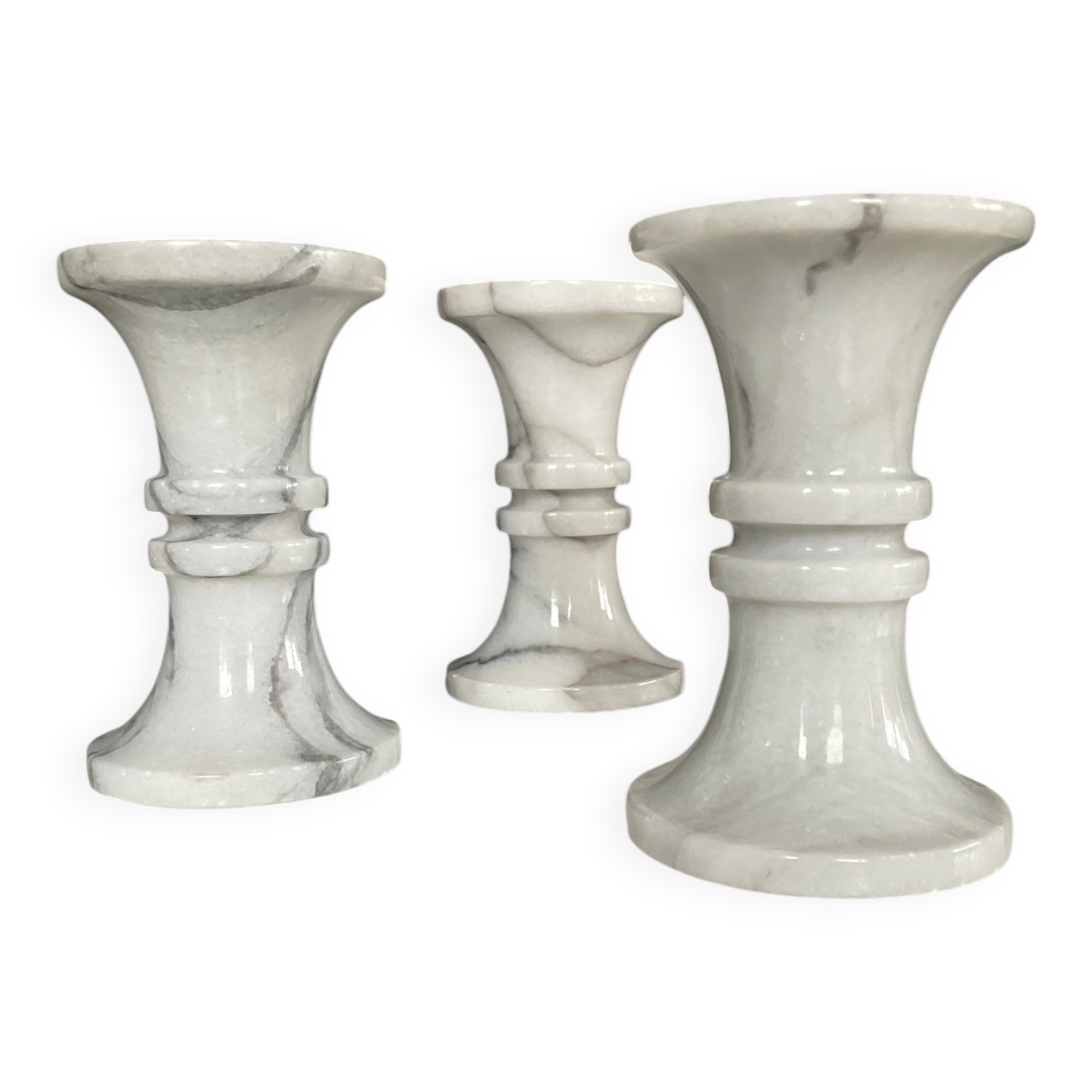 Set of 3 vintage Carrara marble candle holders