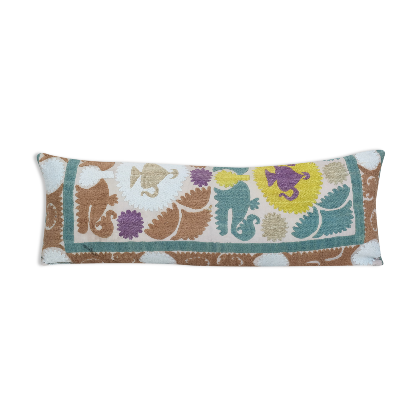 10" x 30" Lumbar King Bed Vintage Cotton Suzani Pillow Cover, Exquisite White Washed Colorful