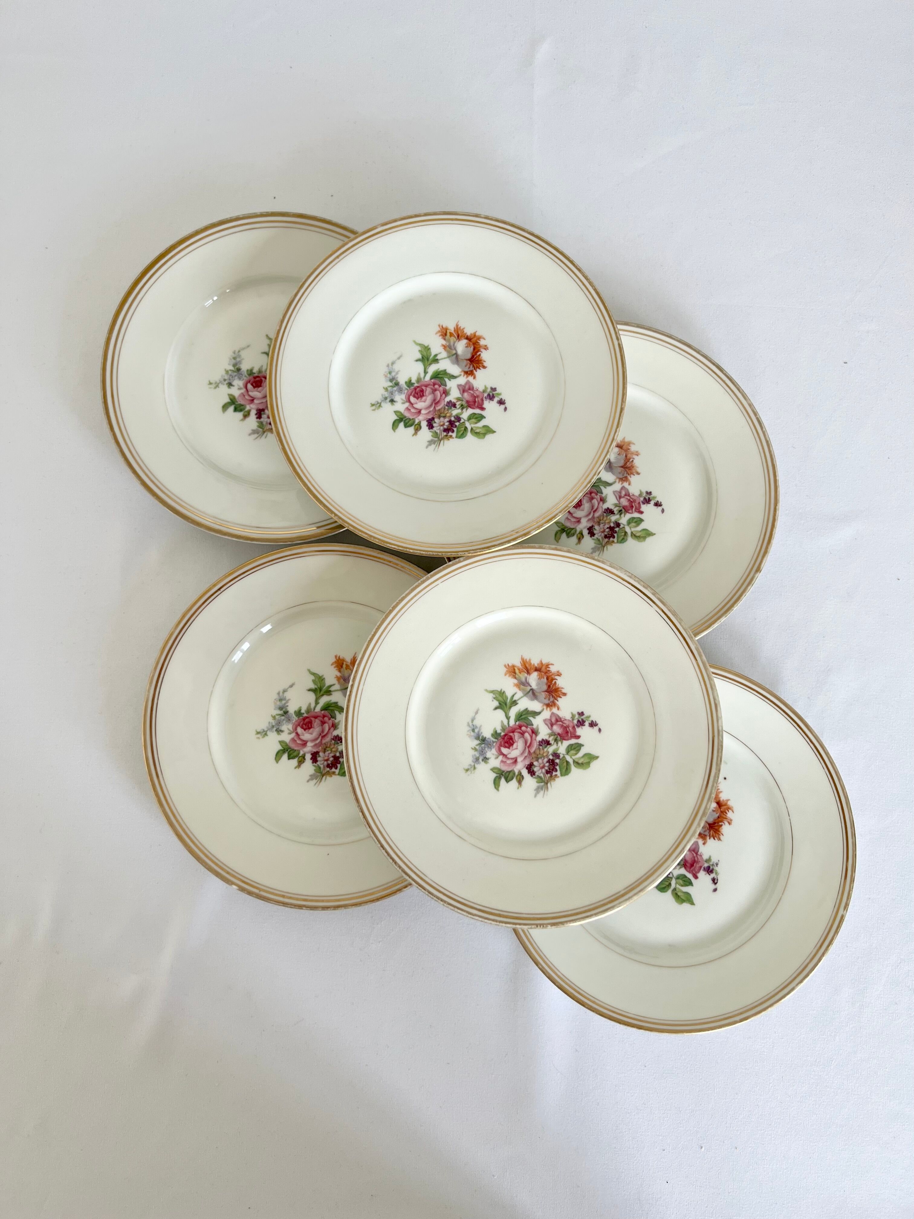 6 vintage dessert plates - White porcelain floral pattern and golden edging