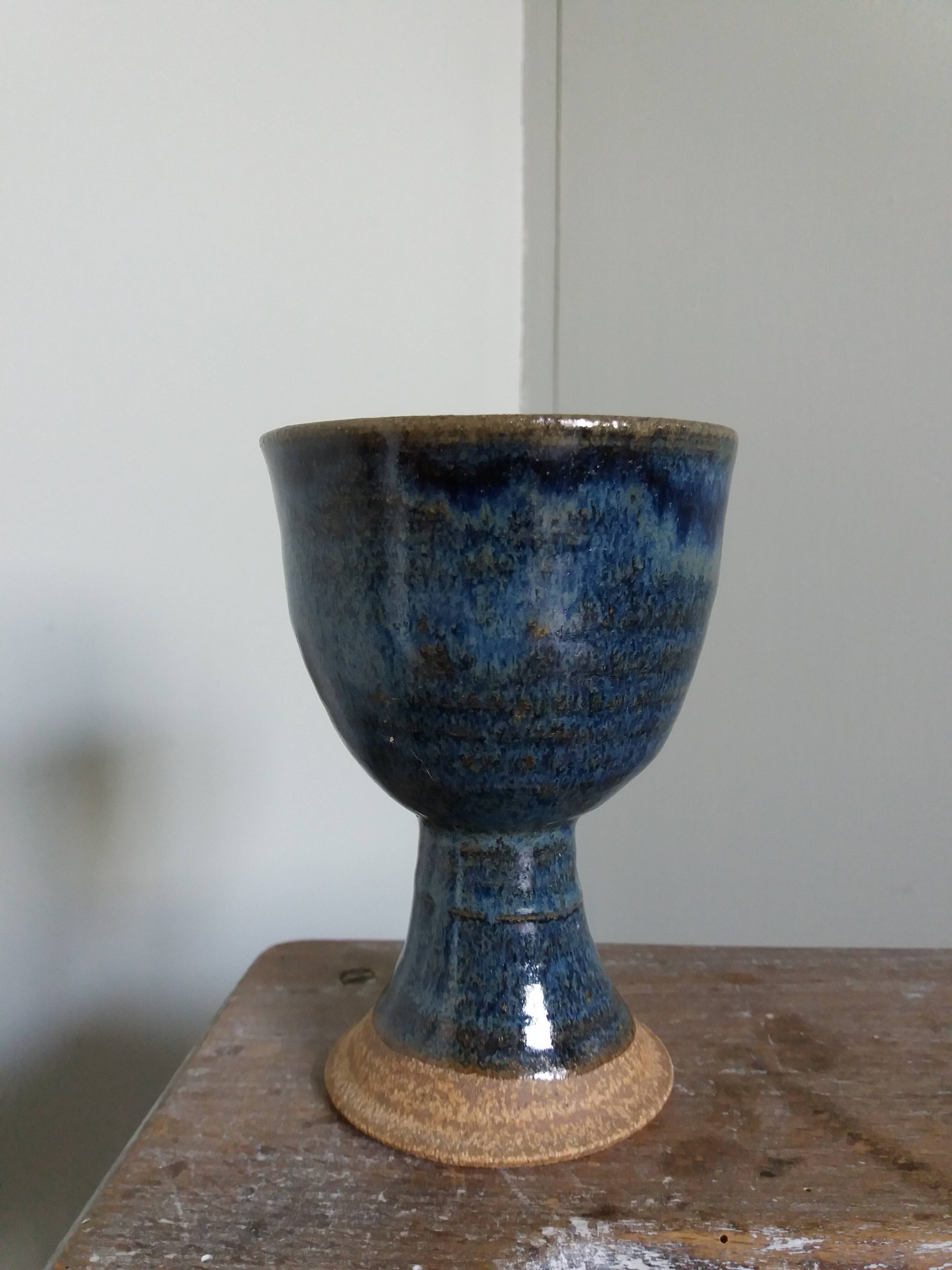 Chalice, cup in blue-glazed stoneware
