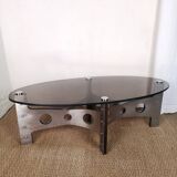 Vintage design coffee table in brushed aluminum and glass top.