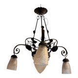 Lustre Art Déco en fer forgé et verre dépoli