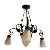 Art Deco Wrought Iron Chandelier – Frosted Glass
