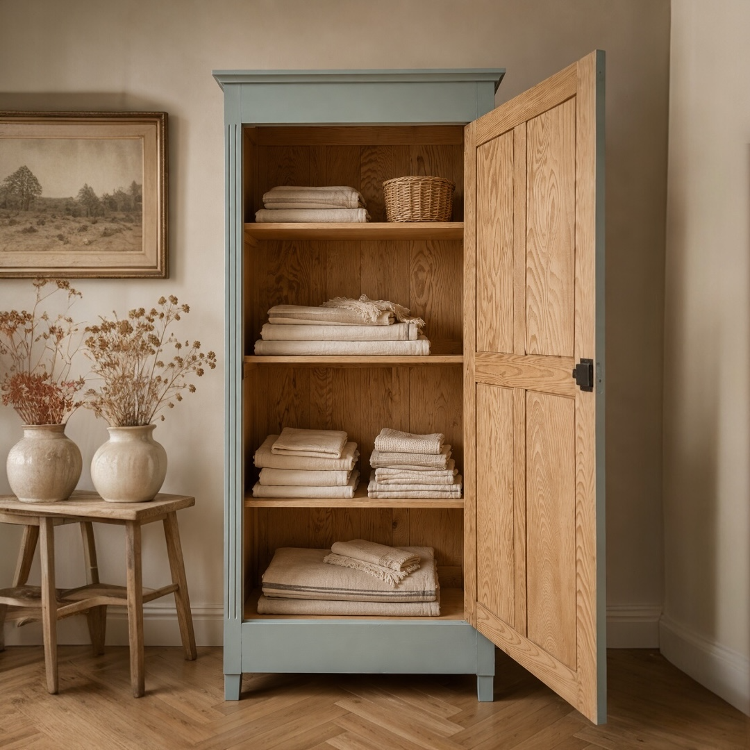 Antique Parisian wardrobe in grey-green solid pine.
