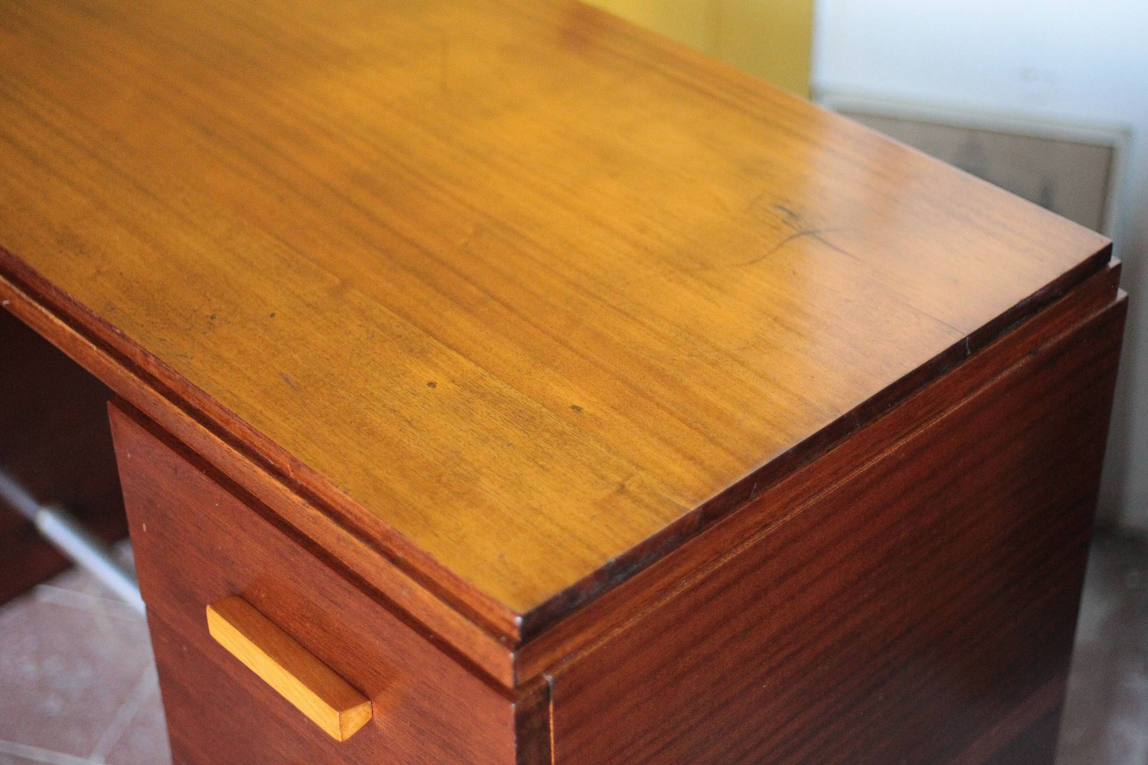 Vintage desk, wooden Art Deco desk from the 1930s, desk with drawers.