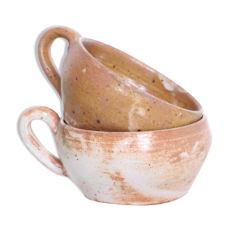 Set of 2 stoneware cups, artisanal pottery, vintage, 1980