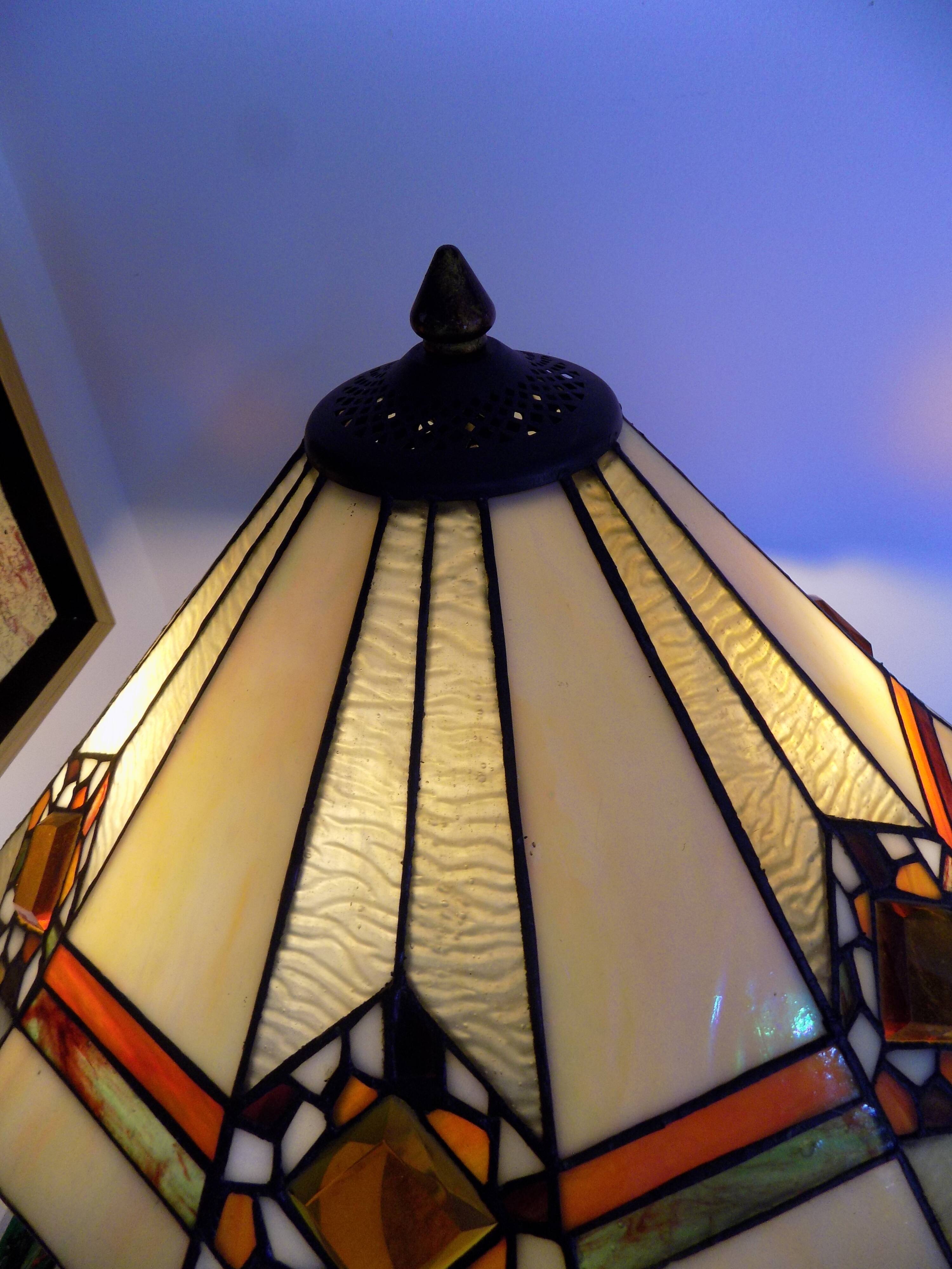 Tiffany art deco bronze lamp and stained glass