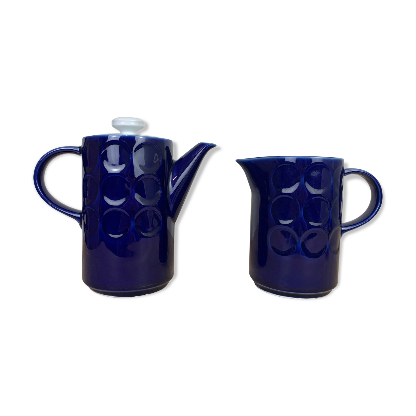 Vintage teapot and pitcher, blue ceramic