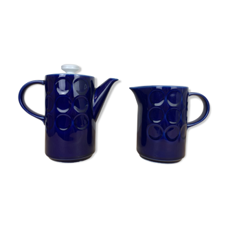 Vintage teapot and pitcher, blue ceramic