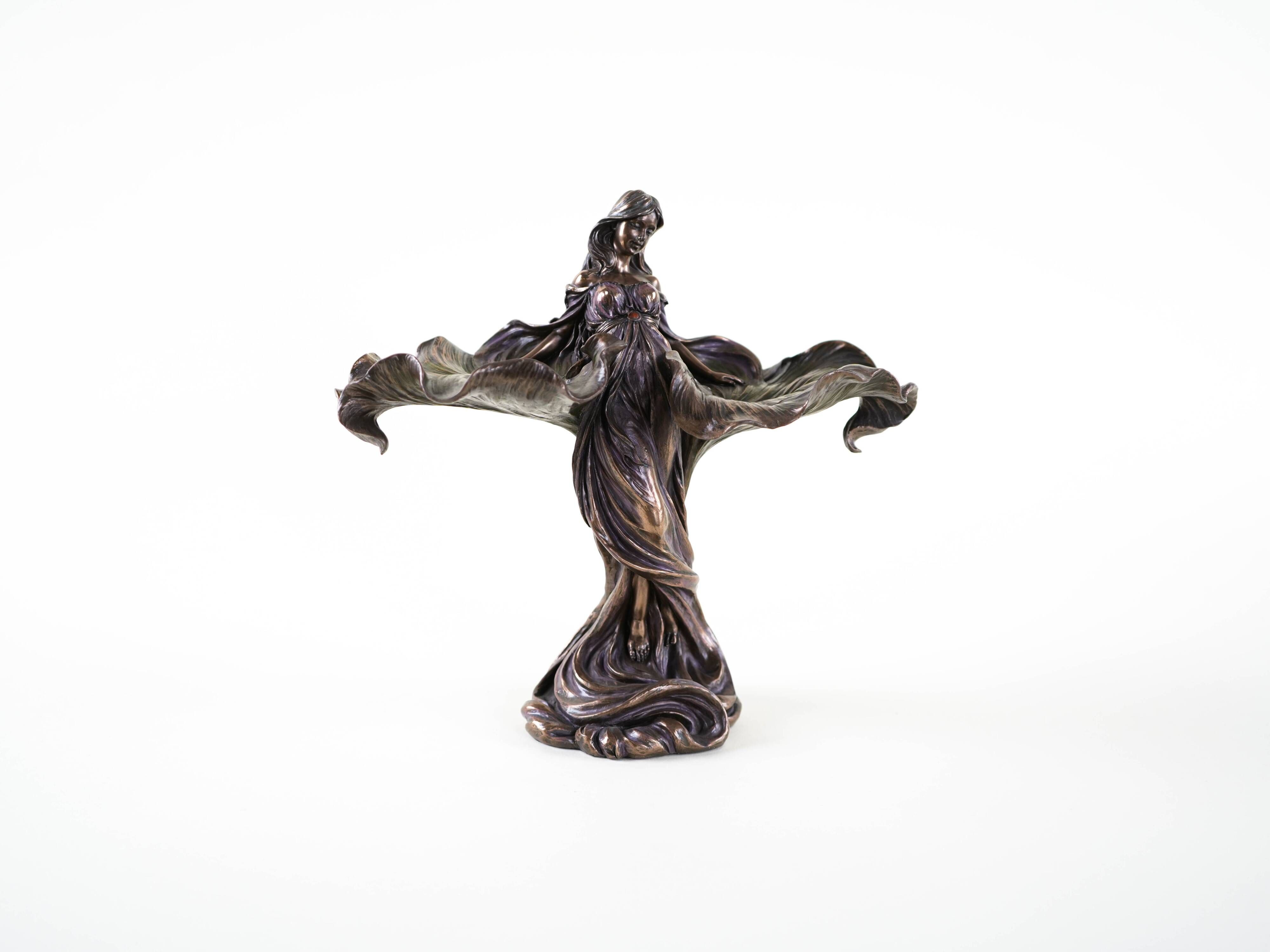 Brass female figurine in Art Deco style with floral motifs, European decorative art