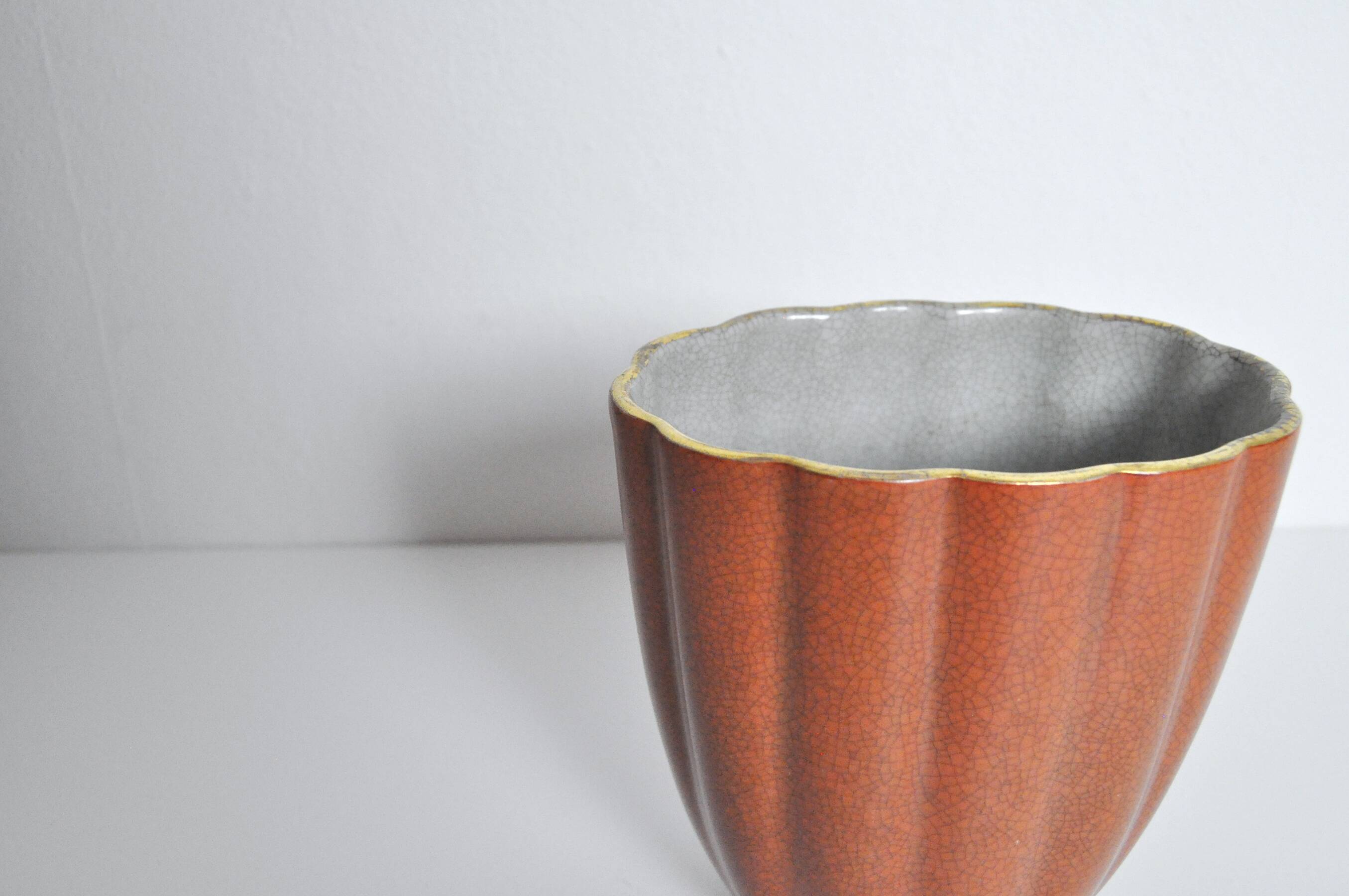 Crackle glaze porcelain vase, gold and orange-brown on grey, Denmark 1930s