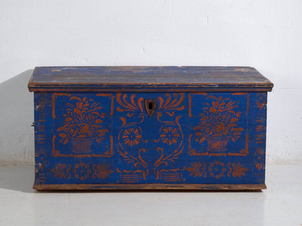 Antique wooden chest painted blue – folk art – Central Europe around 1900