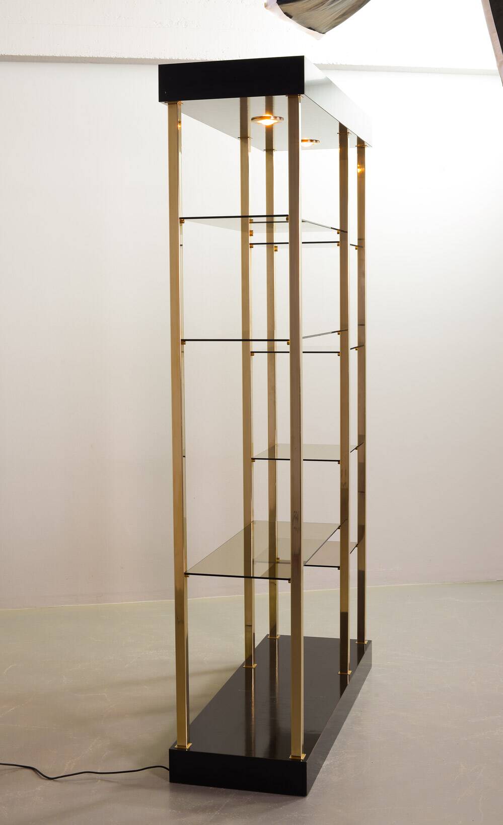 Black Belgo Chrom Hollywood Regency 20 Carat Gold Plated Shelving Unit 70s