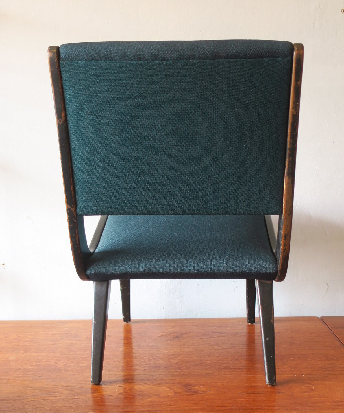 Jens Risom armless chair with ebonized frame and petrol blue-green covers
