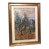 Oil painting on canvas, landscape, trees, Christine Oswalt, fishermen