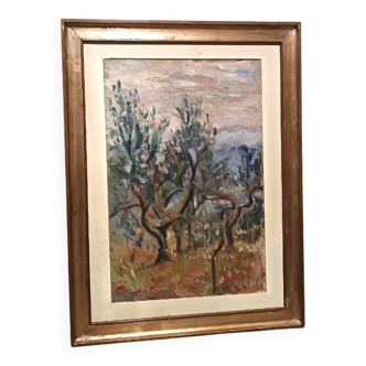 Oil painting on canvas, landscape, trees, Christine Oswalt, fishermen