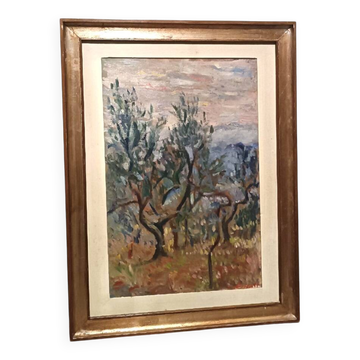 Oil painting on canvas, landscape, trees, Christine Oswalt, fishermen