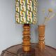 Vintage brutalist wooden table lamp, space age printed lampshade