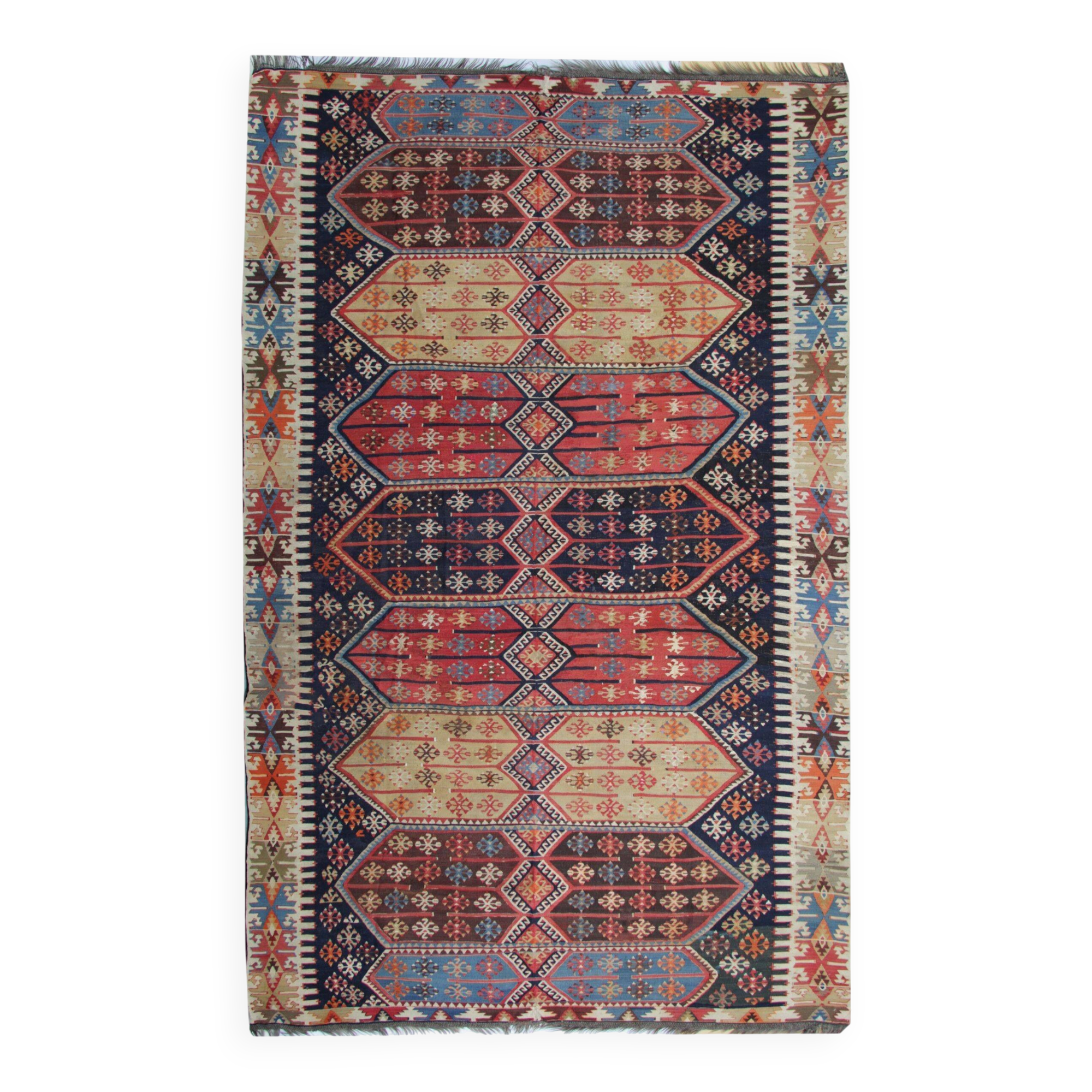 Tapis Kilim tribal turc tissage plat géométrique en laine, années 1880