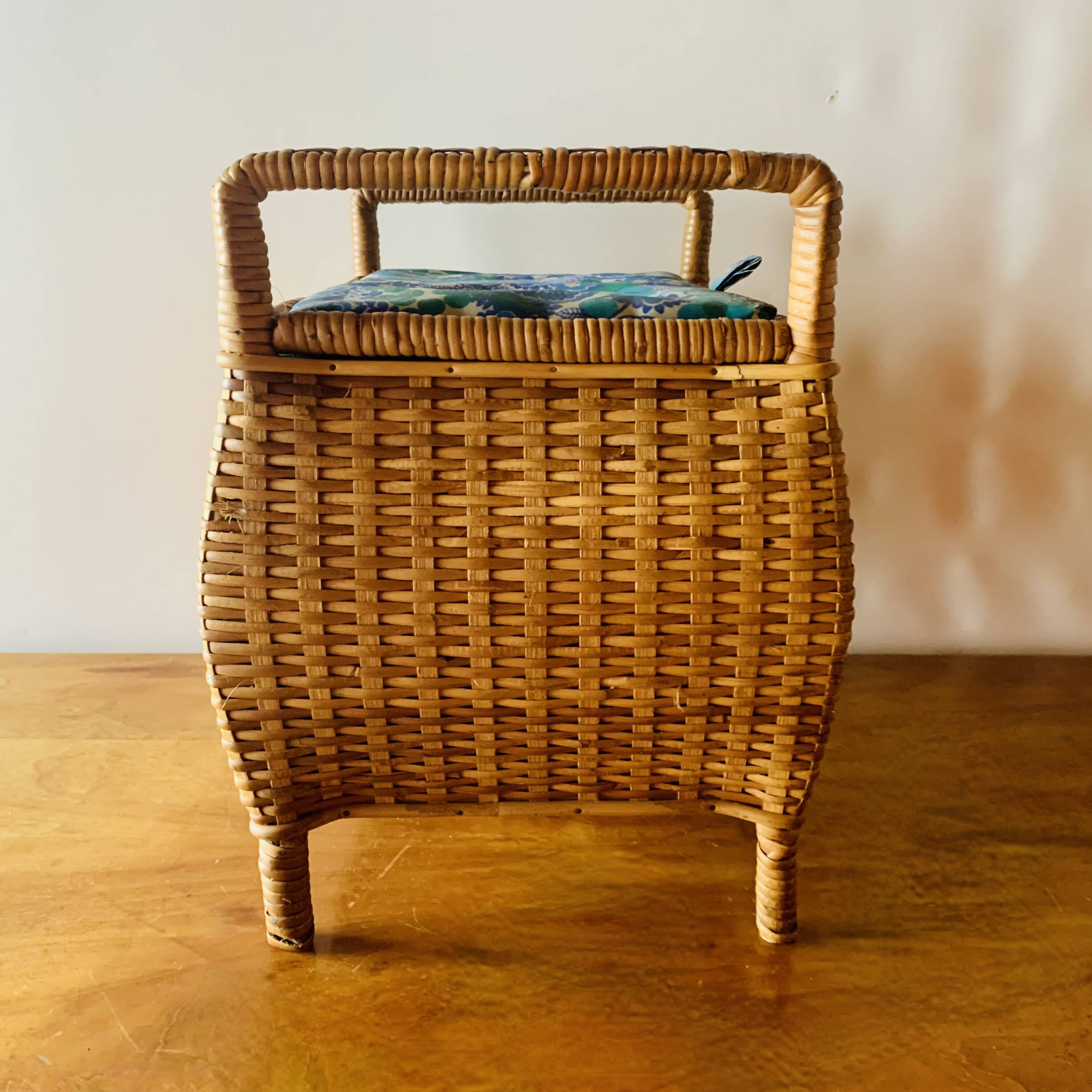Large vintage rattan and wicker sewing basket with fabric seat