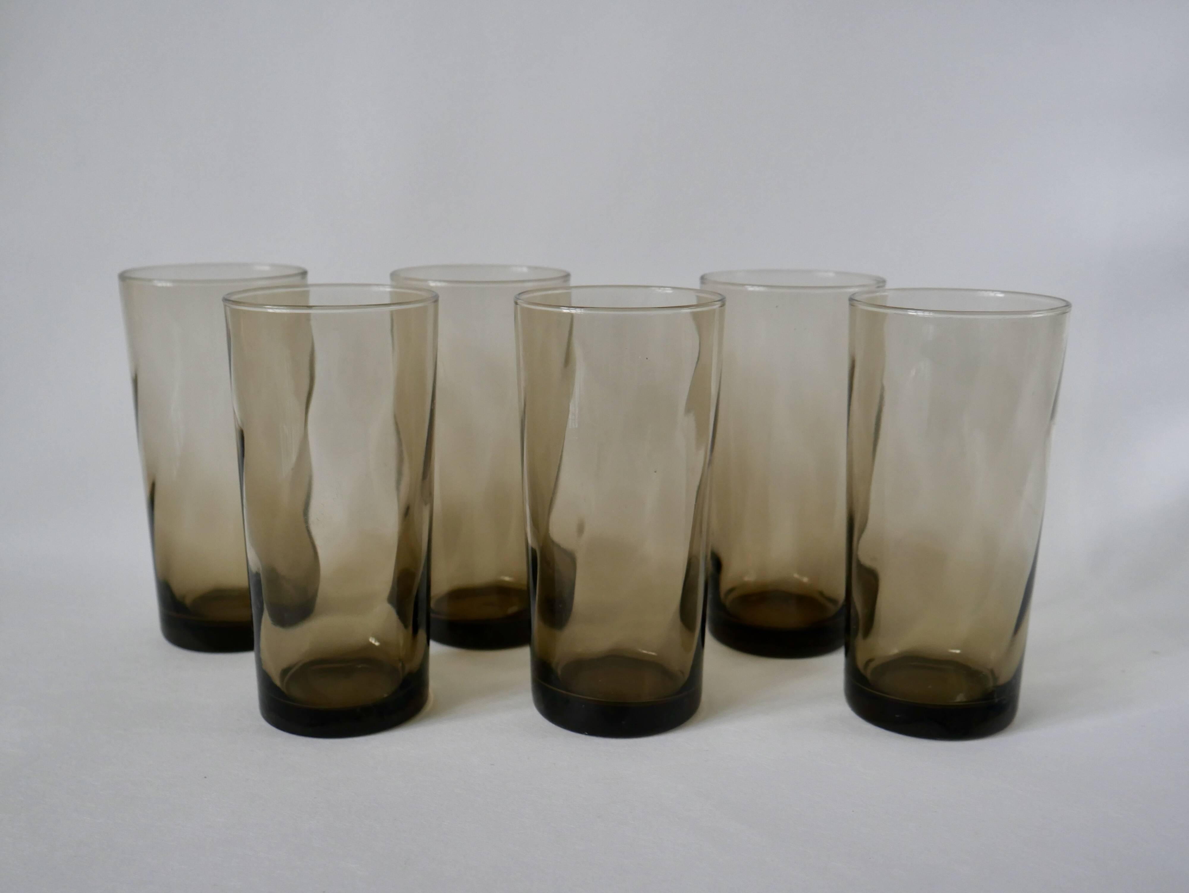 Set of 6 70s Long Drink design smoked glasses