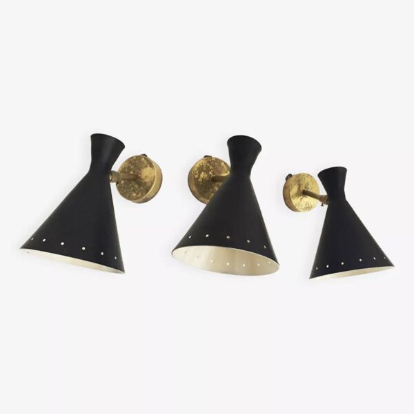 Suite de trois appliques italiennes laiton et fer laqué design 1950