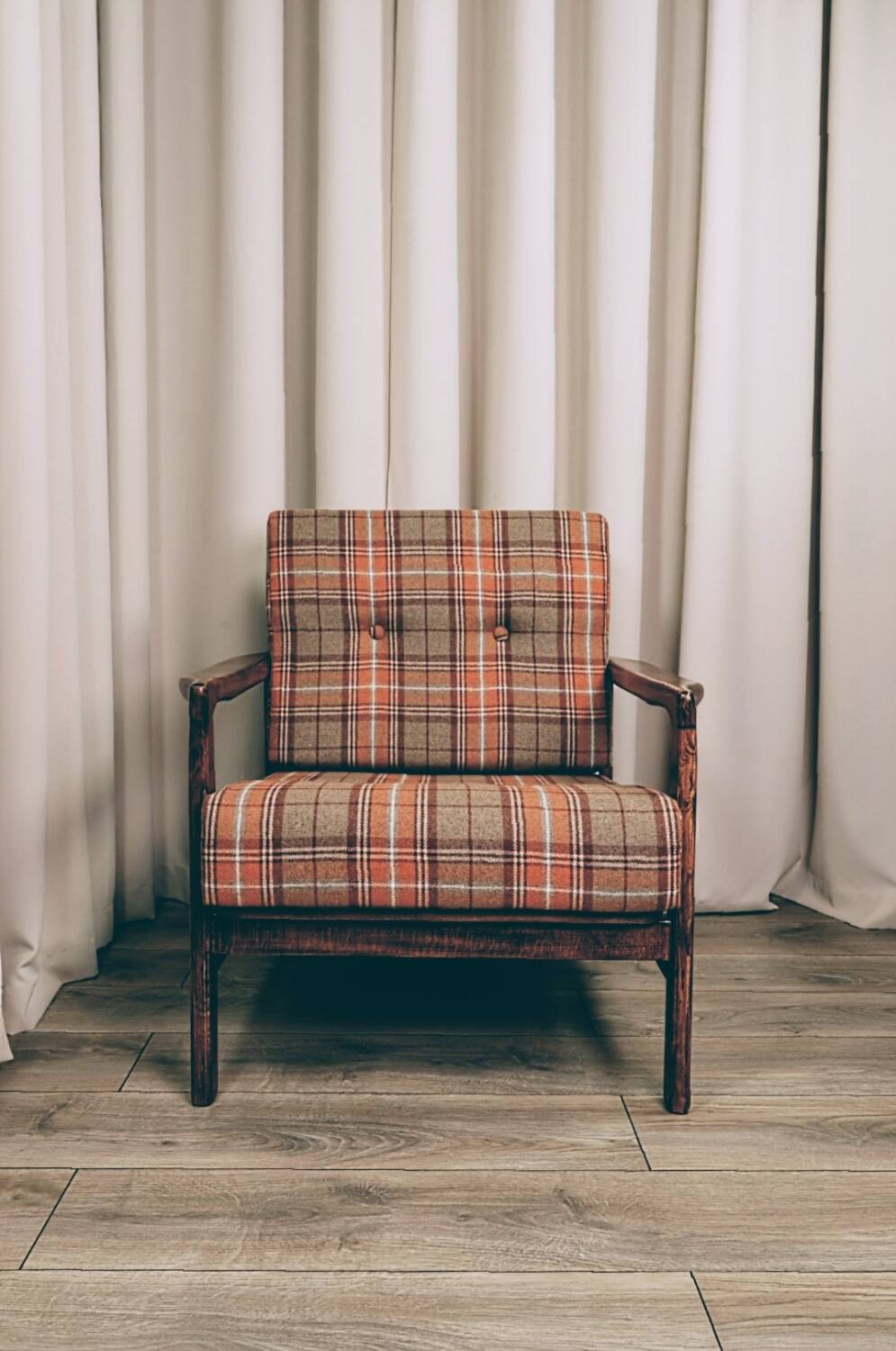 Scandinavian armchair in natural wool, orange, checked, 1965, Z. Baczyk