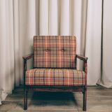 Scandinavian armchair in natural wool, orange, checked, 1965, Z. Baczyk