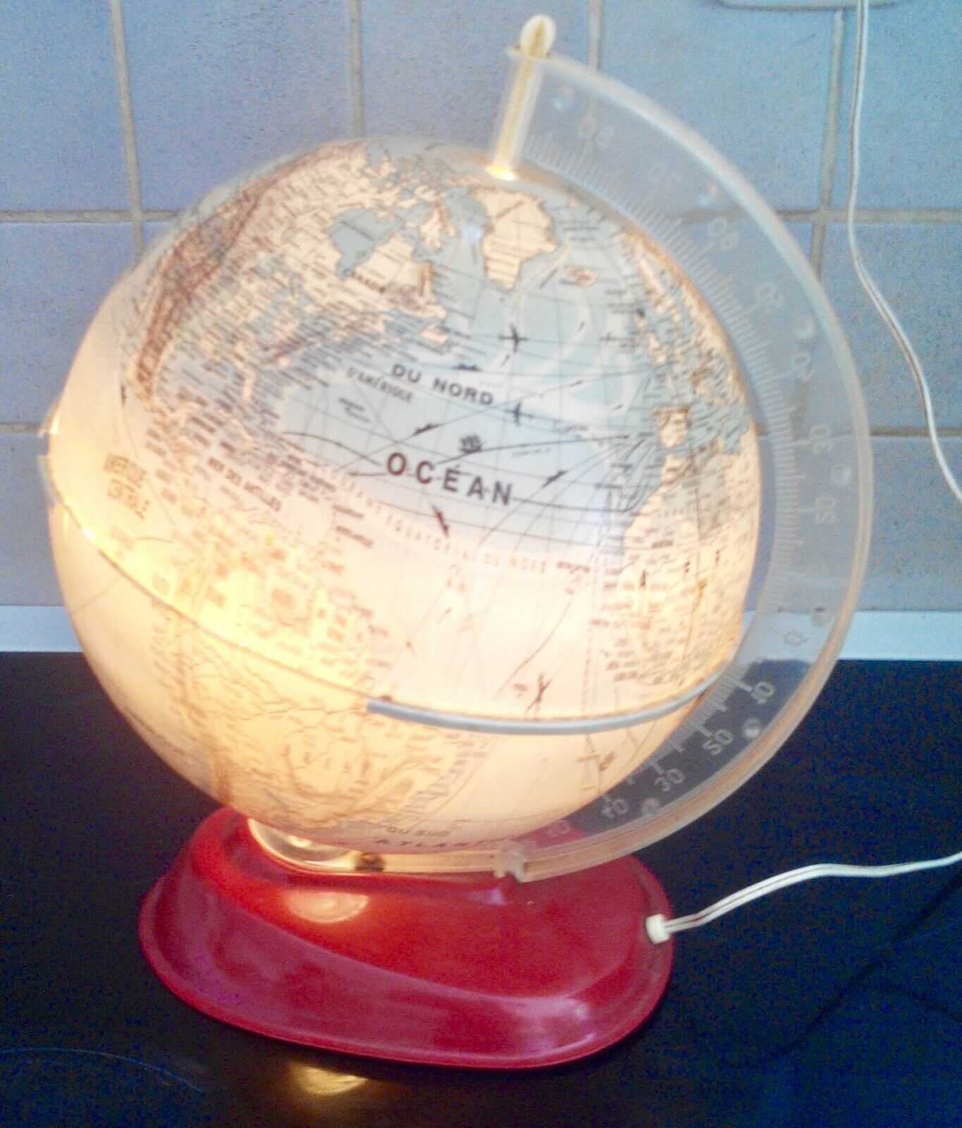 Luminous globe, world map old glass light design tTride vintage 1950