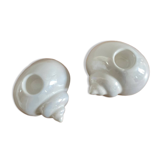 Pair of iridescent ceramic shell candle holders