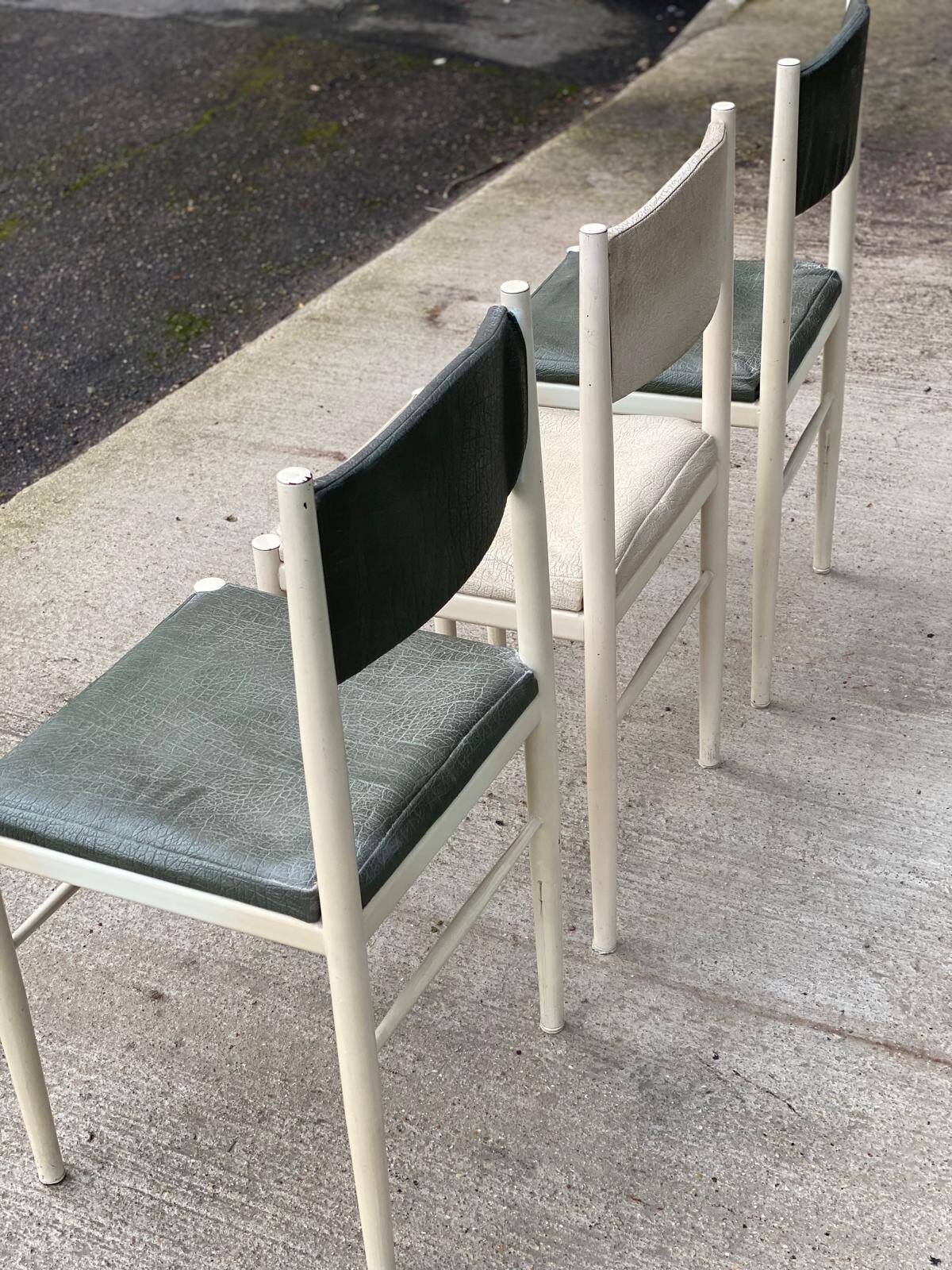 3 Scandinavian Baumann style chairs, steel and white and dark green crocodile leather