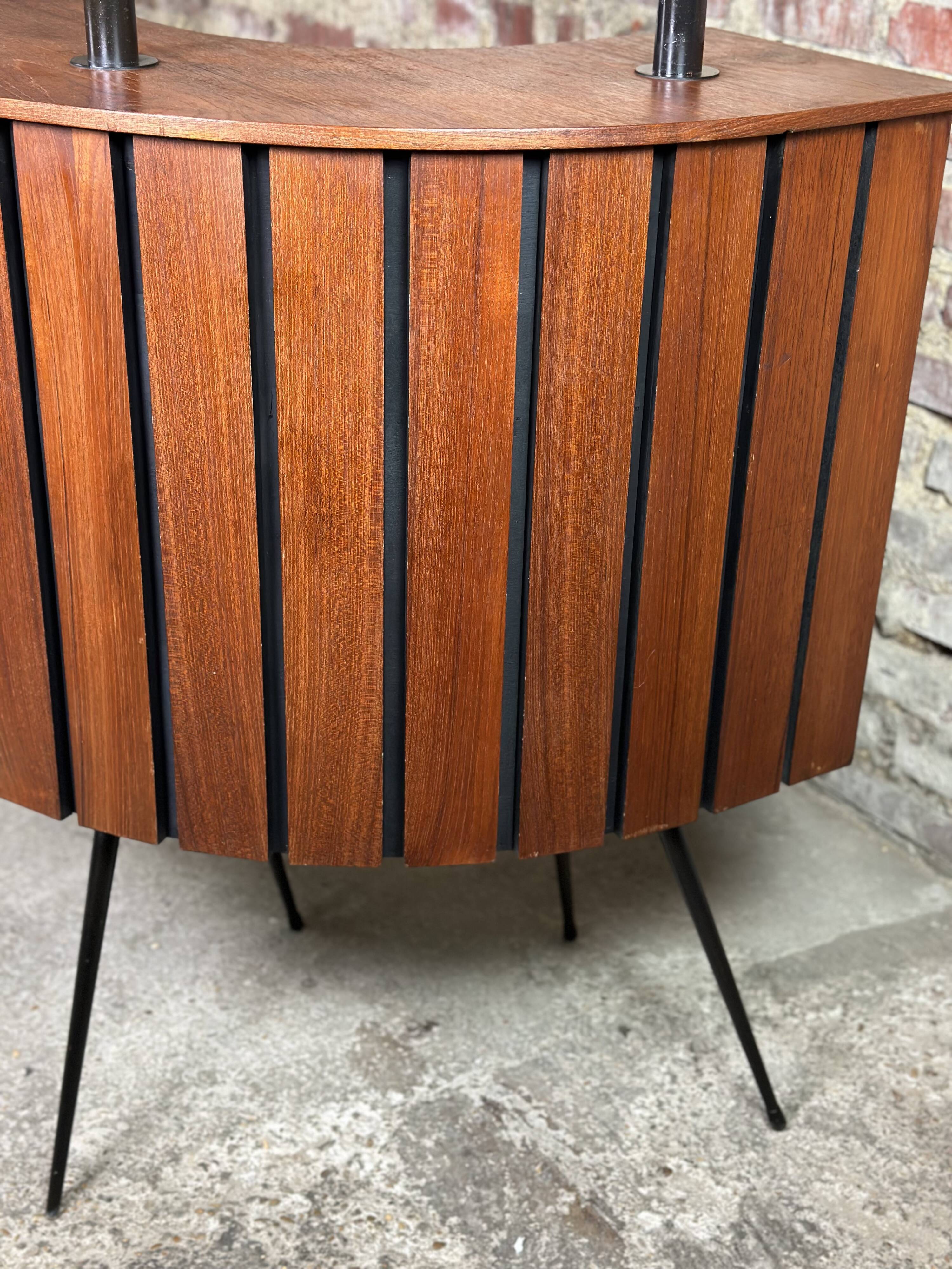 Cocktail bar in teak and metal and its 2 vintage stools 1950'S