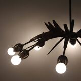 Sputnik chandelier 8 lights copper, teak & brass, Italy 1960s