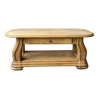 Table basse art déco en bois massif chêne rénové double plateau