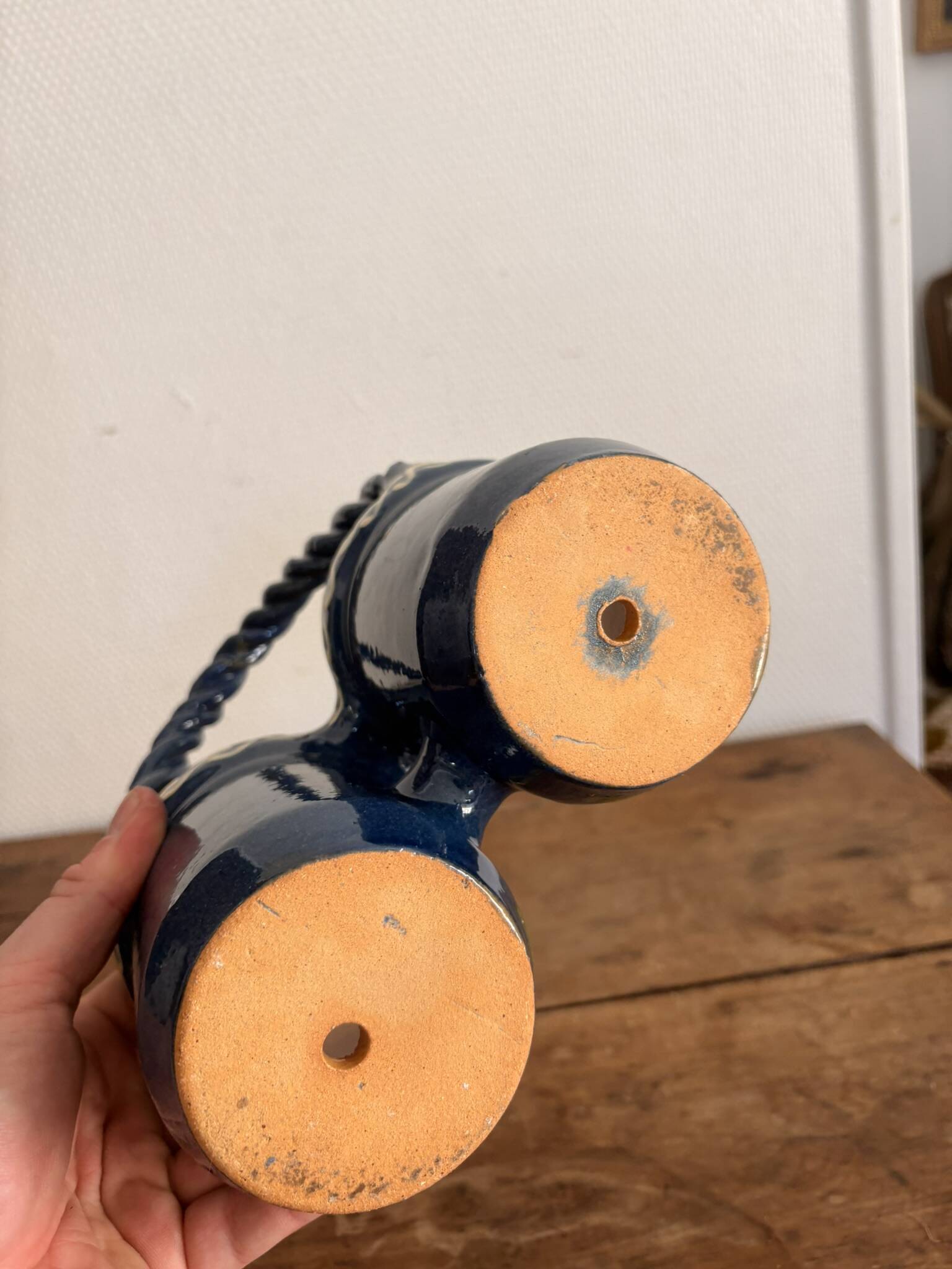 Double Pot Pottery Ceramic Terracotta Blue Bird Alsace Twisted Handle