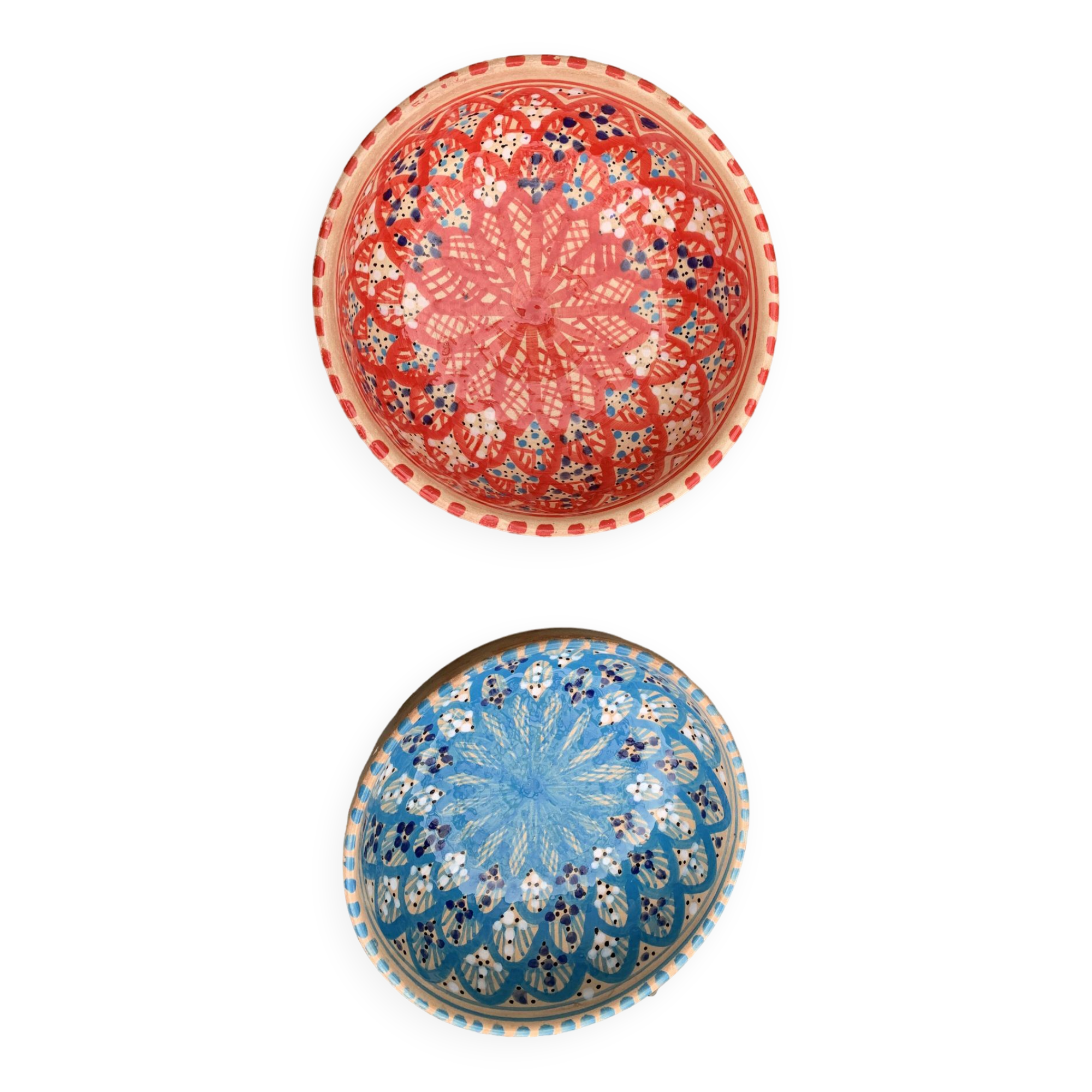 Two bowls, enameled ceramic cups, red and blue, artisanal, hand painted made in Italy