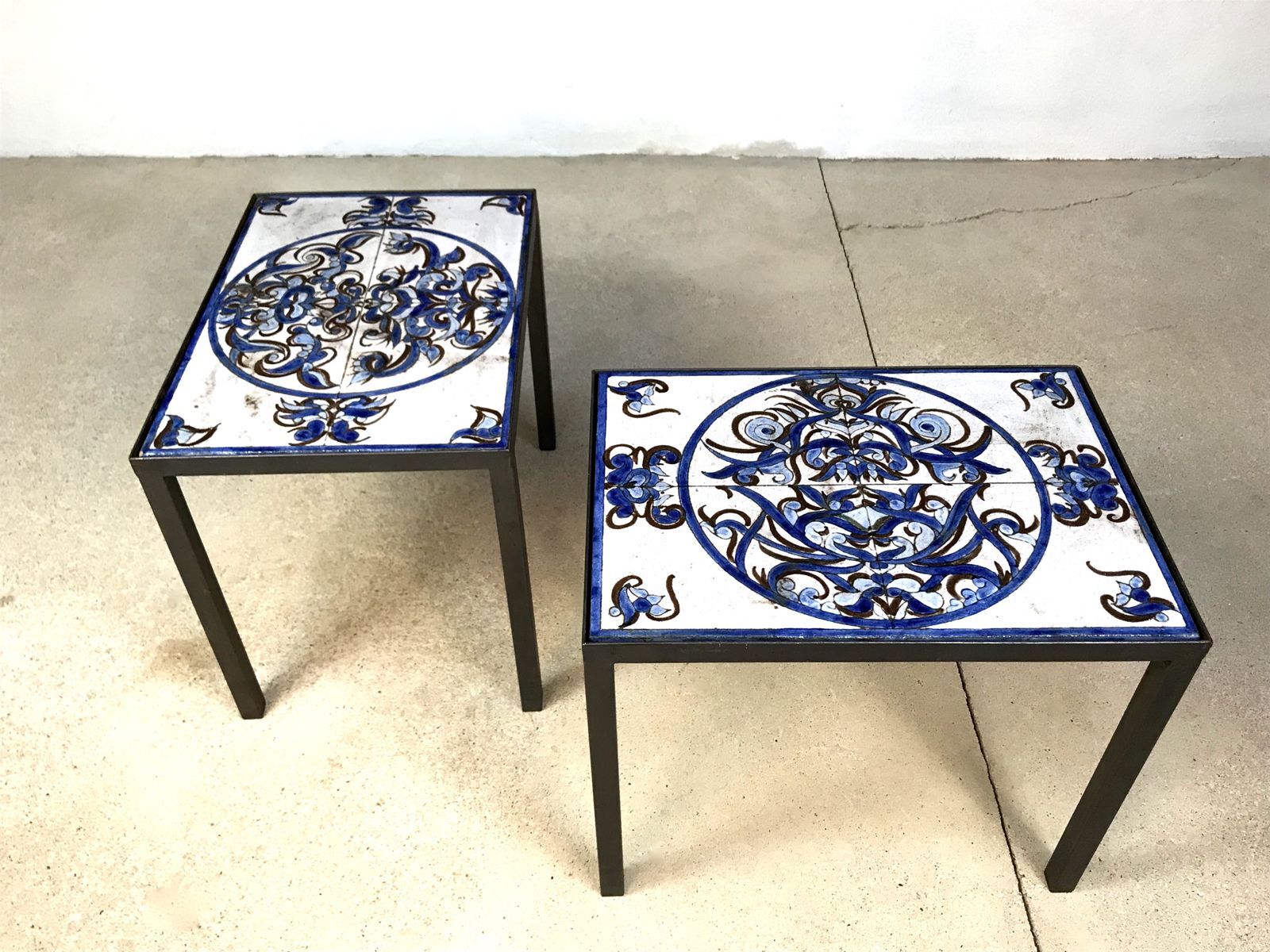 Italian ceramic tiles & steel side tables or nightstands, 1970s, set of 2