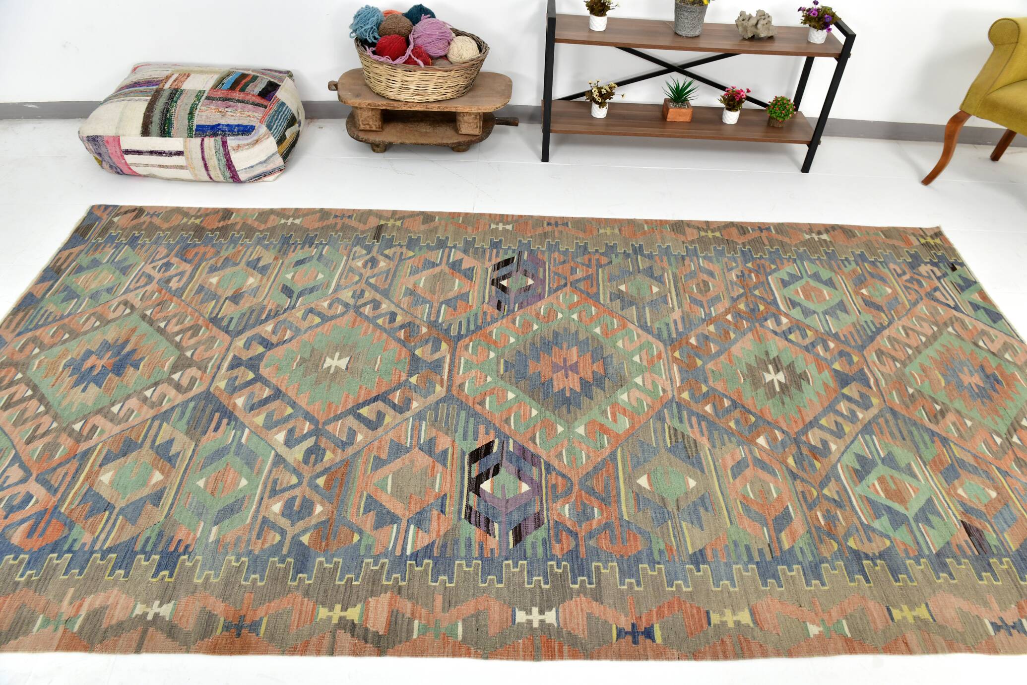 5x11 Green & Blue Tribal Turkish Vintage Kilim Rug 170x333Cm SK 35197