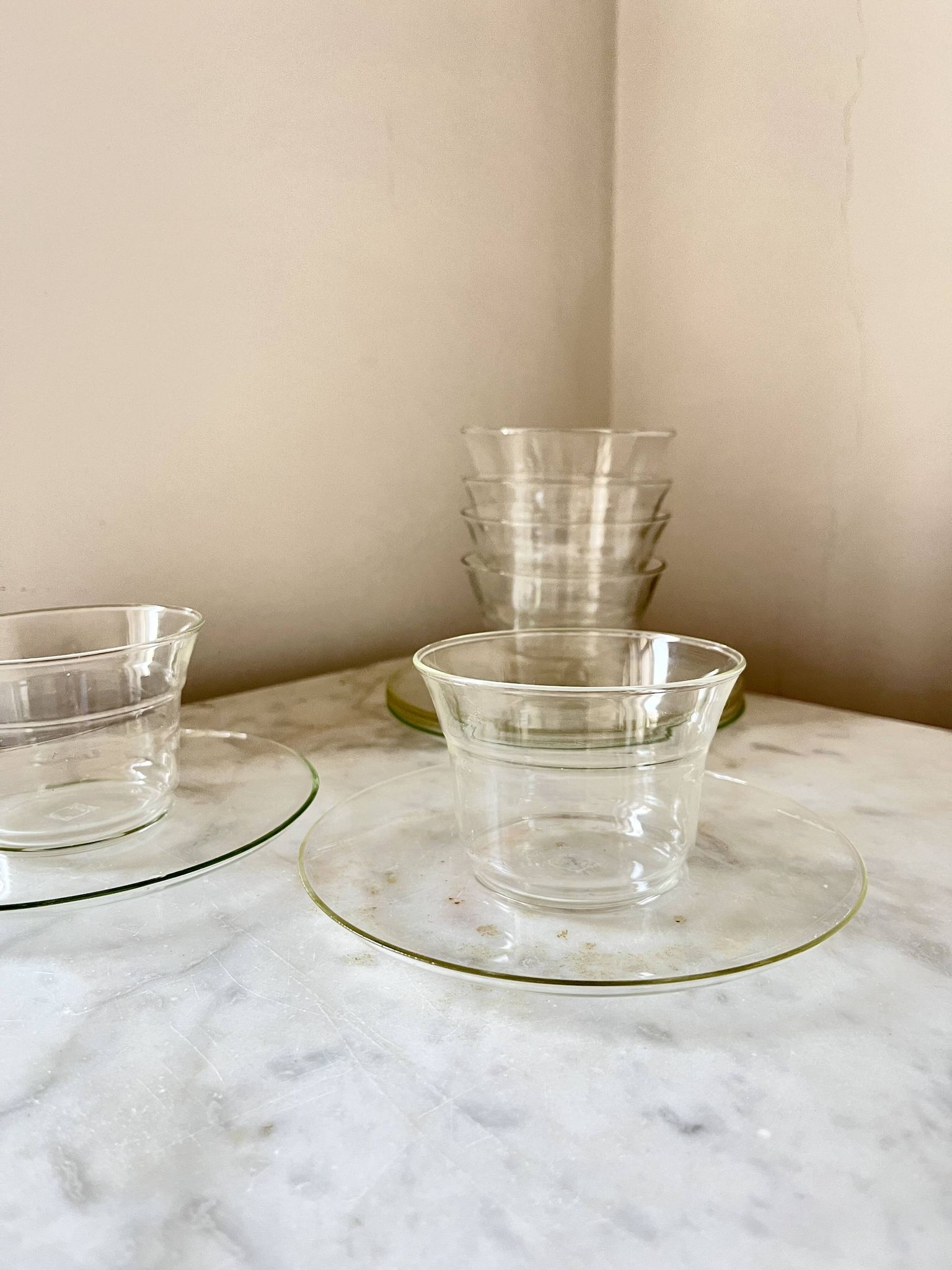 Vintage Jena Borosilicate Glass Tea Cups Set of 6 + Saucers,  GDR, 1960s