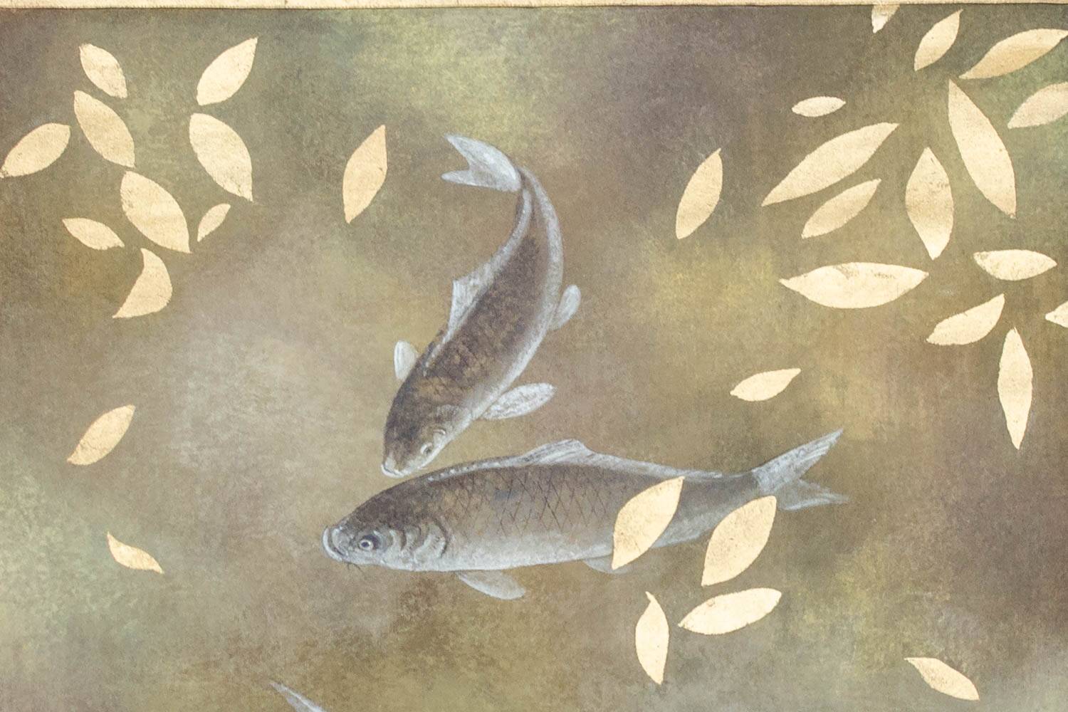 Painted canvas depicting carp. Contemporary work.