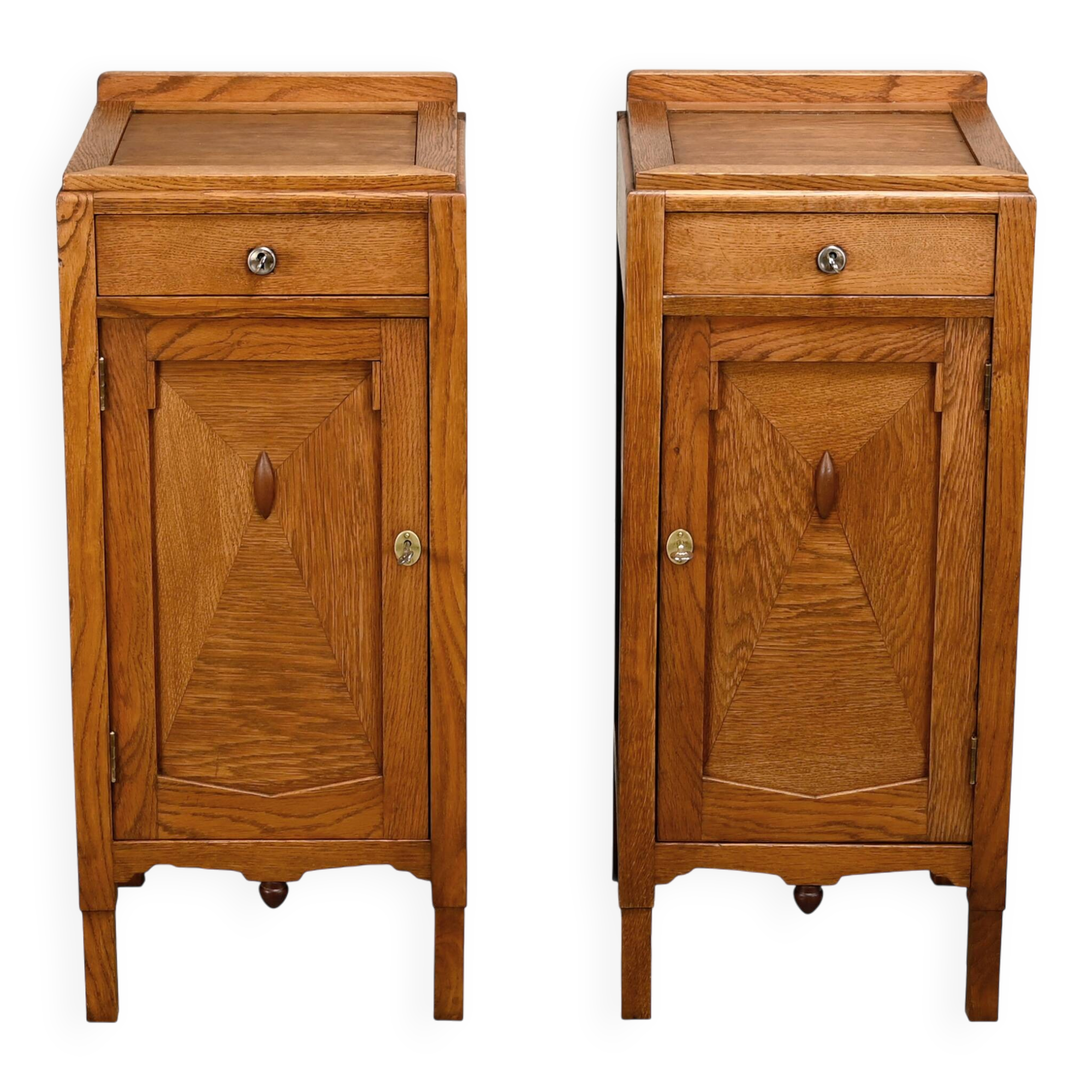 Art Deco Amsterdam School Nightstands oak wood and glass, 1930s Netherlands