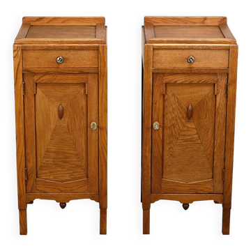 Art Deco Amsterdam School Nightstands oak wood and glass, 1930s Netherlands