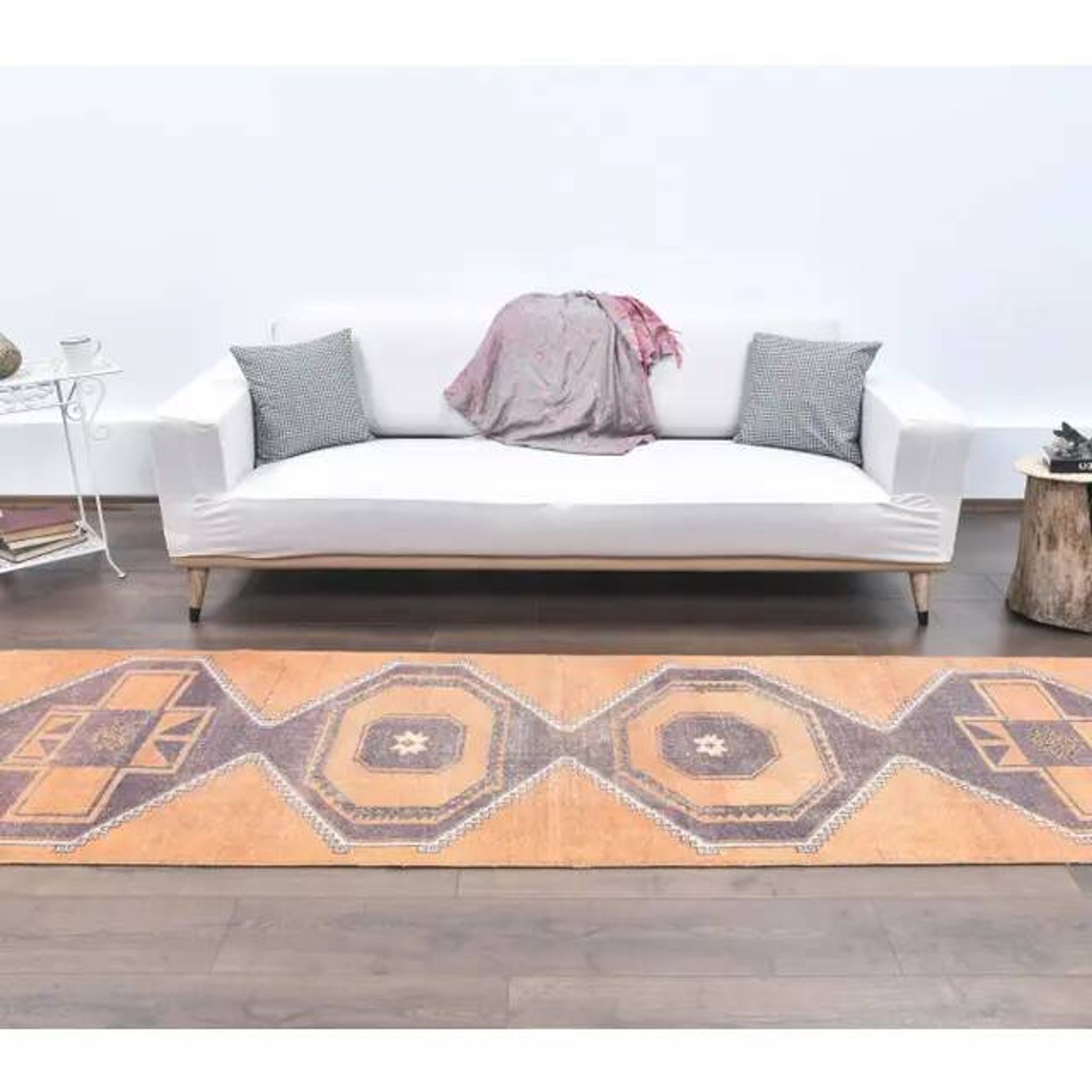 2'9x11'4 vintage orange geometric Turkish hand-knotted runner rug 87x348