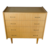 Commode en bois clair 4 tiroirs 1960 pieds fuseaux