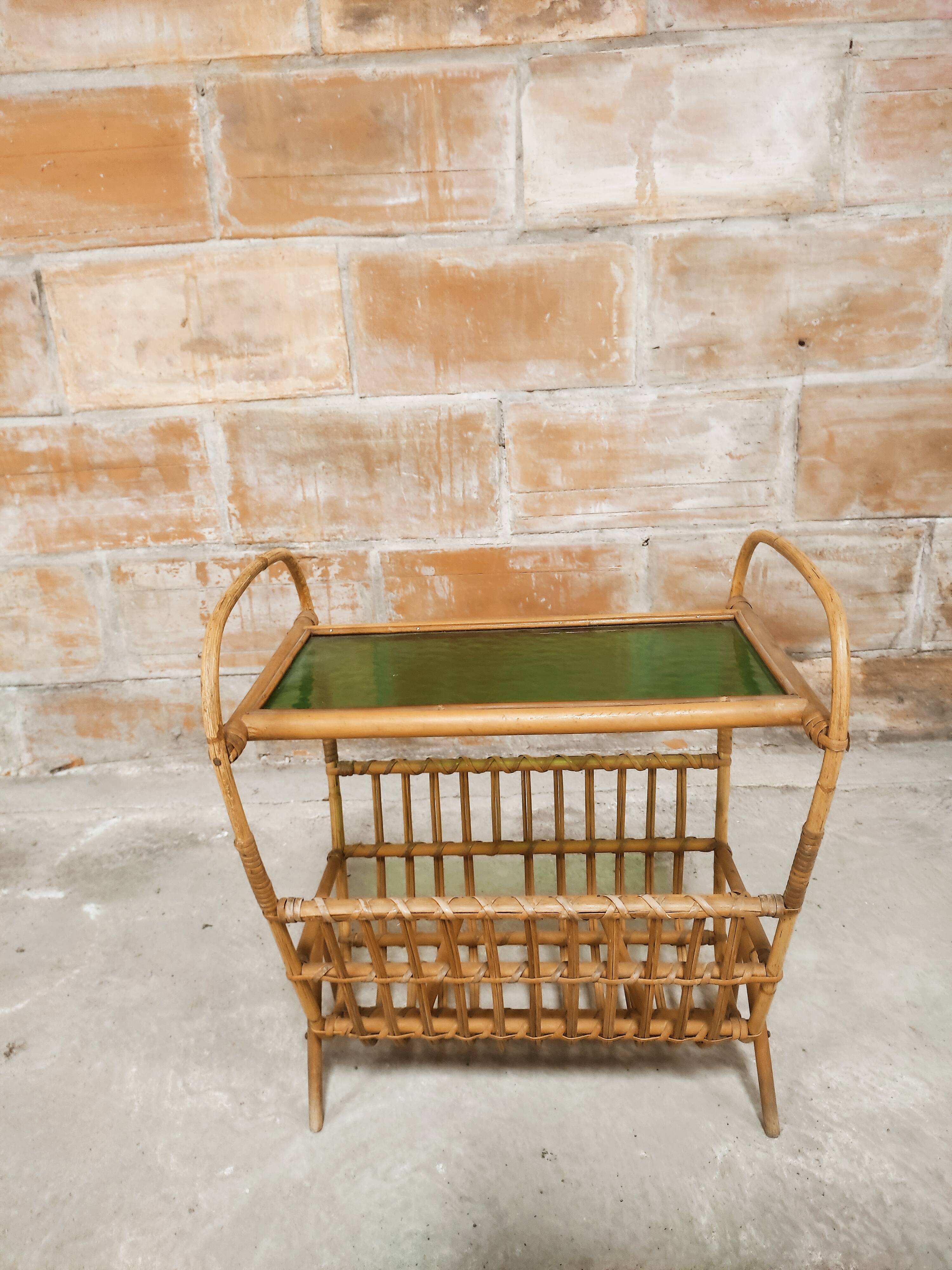 Rattan magazine holder, glass top