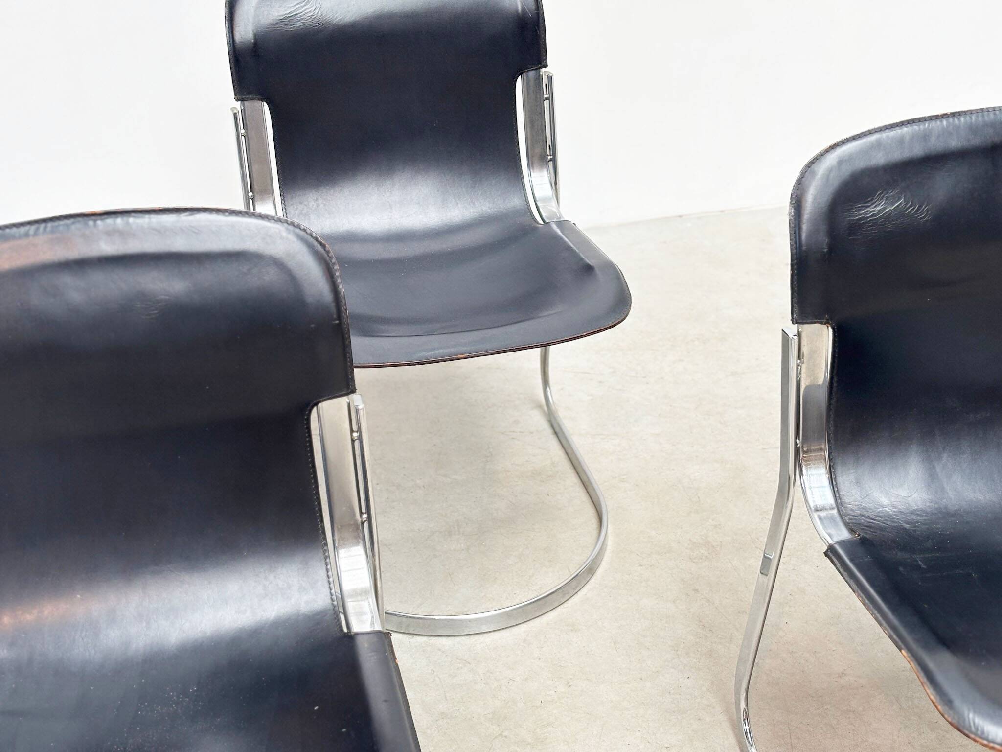 Set of six Willy Rizzo dining chairs in black leather