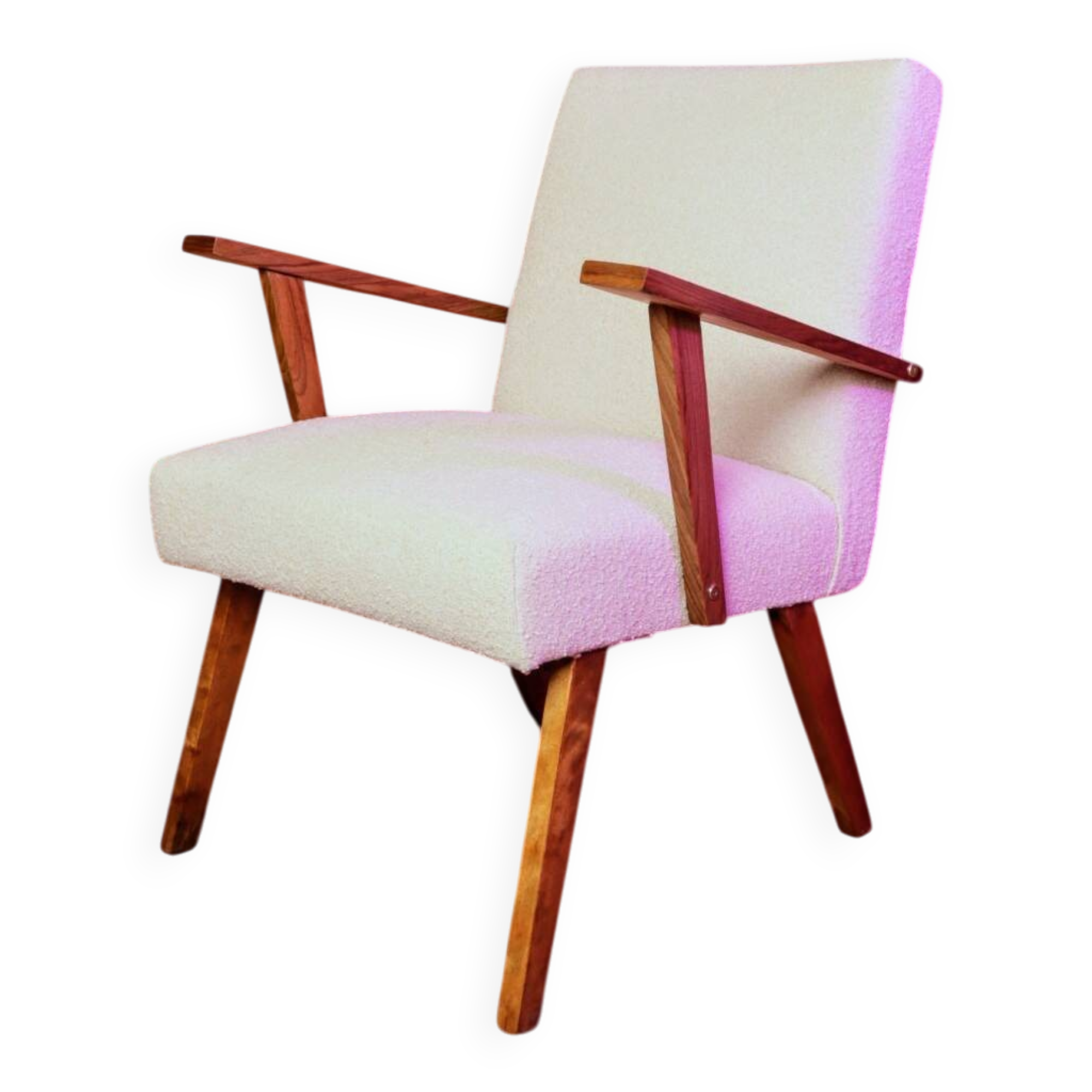 Vintage beige bouclé armchair with walnut wood from the 1950s.